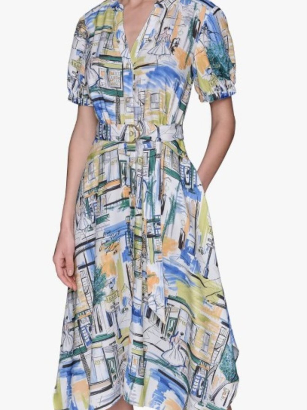 Karl Lagerfeld Paris NWT Size 8 Paris Print Midi Dress Asymmetrical Hem $158